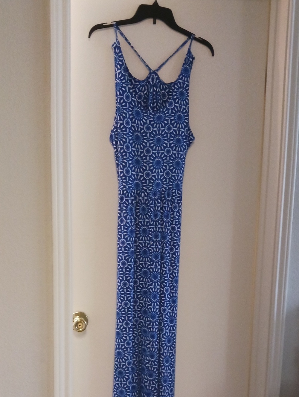 Blue Printed Spaghetti-Strap Maxi Dress with Cross-Back Detail